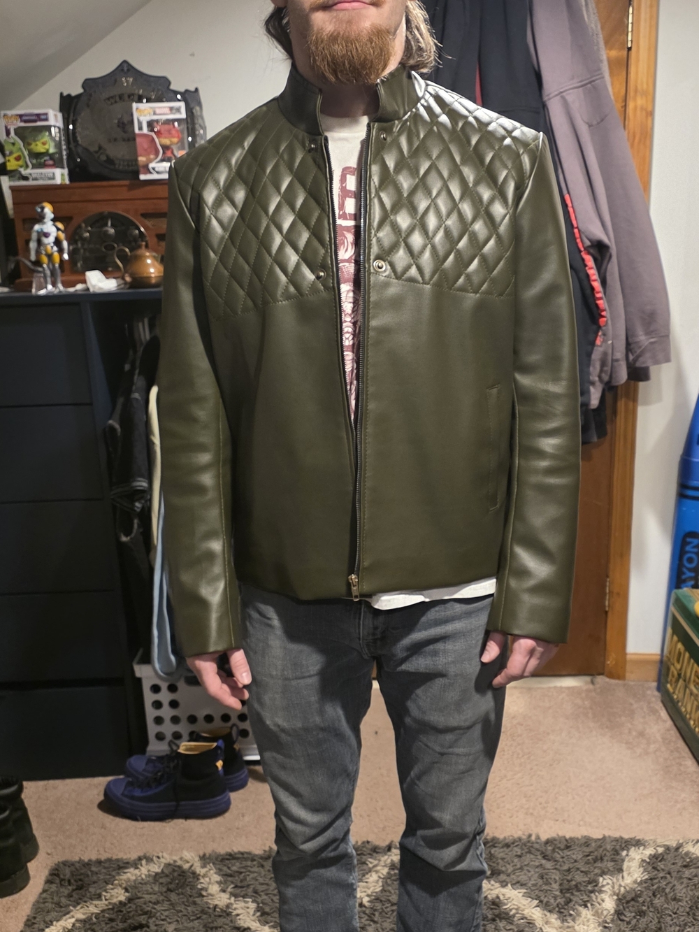 Men's Green Arrow Quilted Panel Olive Leather Jacket
